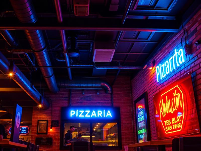 Neon-lit pizzeria interior