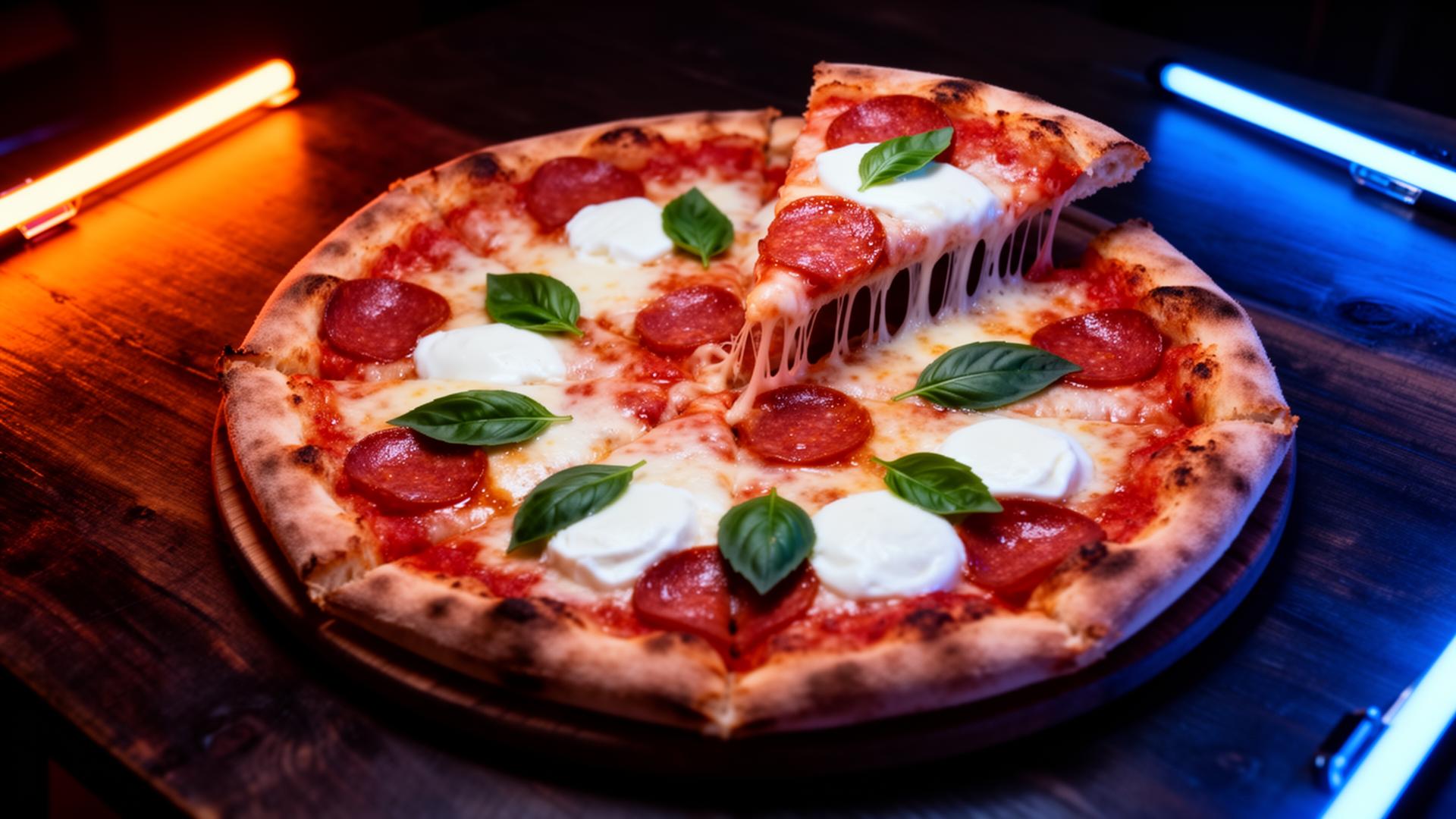 Delicious pizza with cheese pull under neon lighting